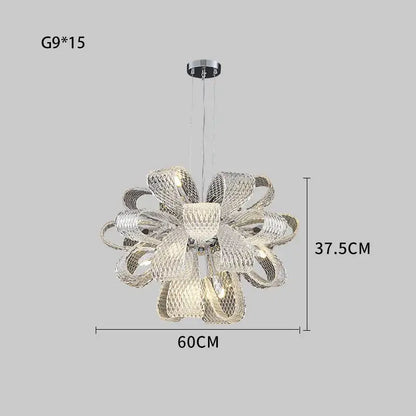 Modern silver glass pinecone led chandelier featuring a sculptural bow design with mesh-like glass and metal for dining rooms
