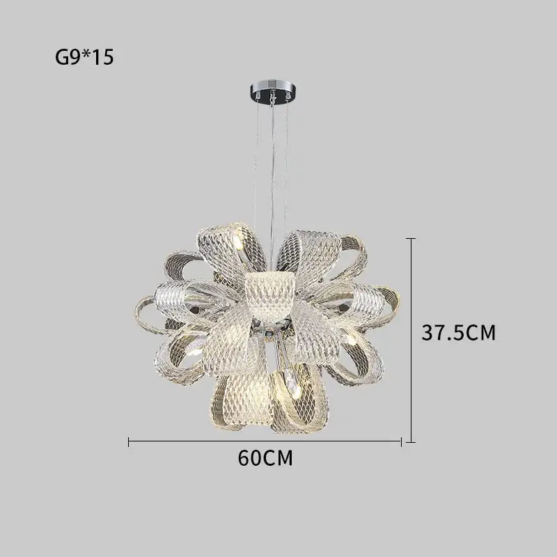 Modern silver glass pinecone led chandelier featuring a sculptural bow design with mesh-like glass and metal for dining rooms