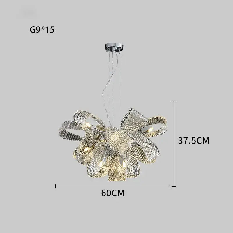 Modern silver glass pinecone led chandelier with bow-shaped mesh design and multiple g9 light bulbs for dining room