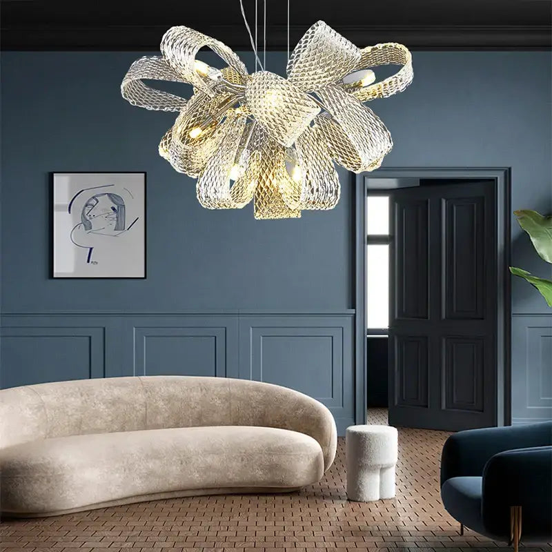 A modern pinecone led chandelier with metallic gold woven mesh design for dining room pendant lighting