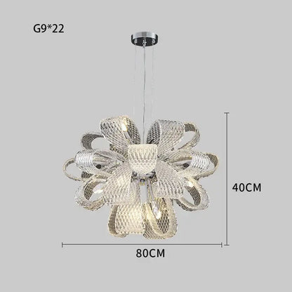 Modern silver glass pinecone led chandelier with a 40cm metal frame and intricate clear glass ribbon bow design for dining room