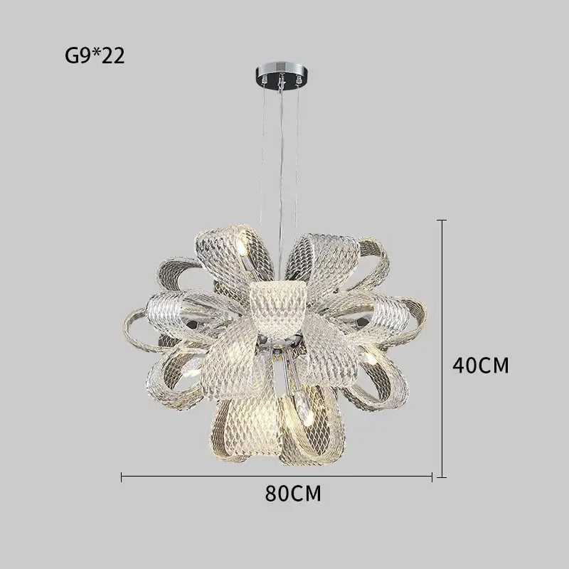 Modern silver glass pinecone led chandelier with a 40cm metal frame and intricate clear glass ribbon bow design for dining room
