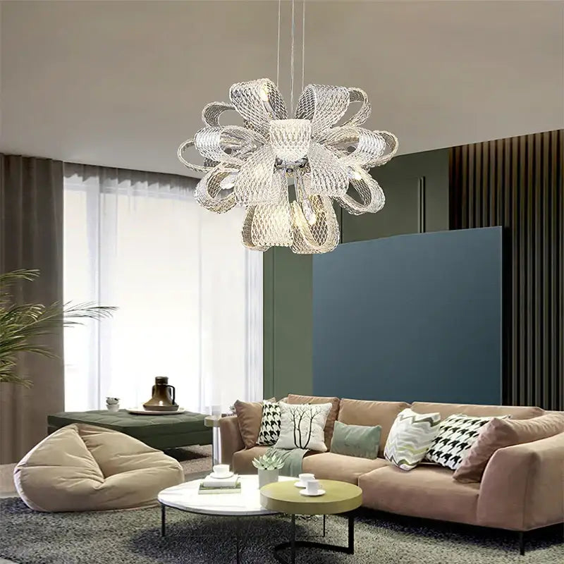 A modern silver glass pinecone led chandelier with crystal-encrusted flower-like design for dining room pendant light