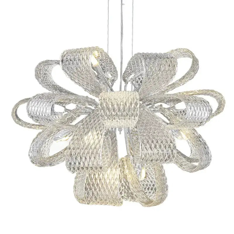 Modern silver glass pinecone led chandelier with bow-shaped design and intricate mesh detailing for dining room pendant light