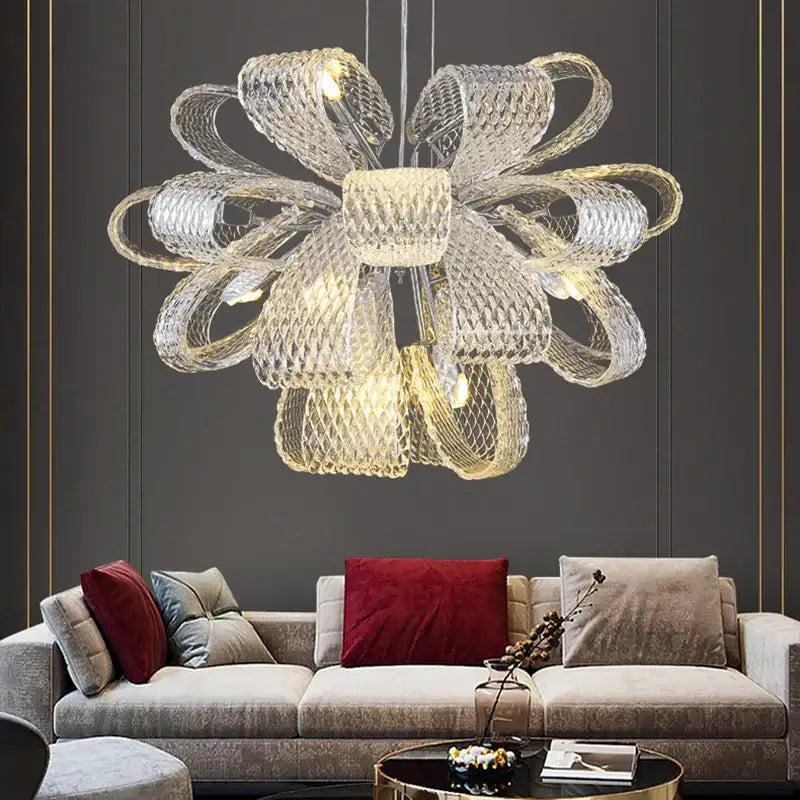 Modern silver glass pinecone led chandelier with clear glass ribbons and intricate mesh for dining room pendant light