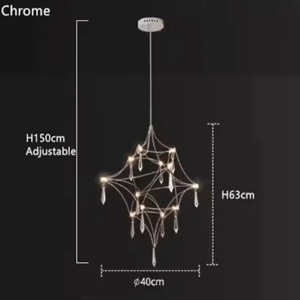 Modern chrome-finished pendant light with geometric starburst design and crystal droplets as a dining room focal point