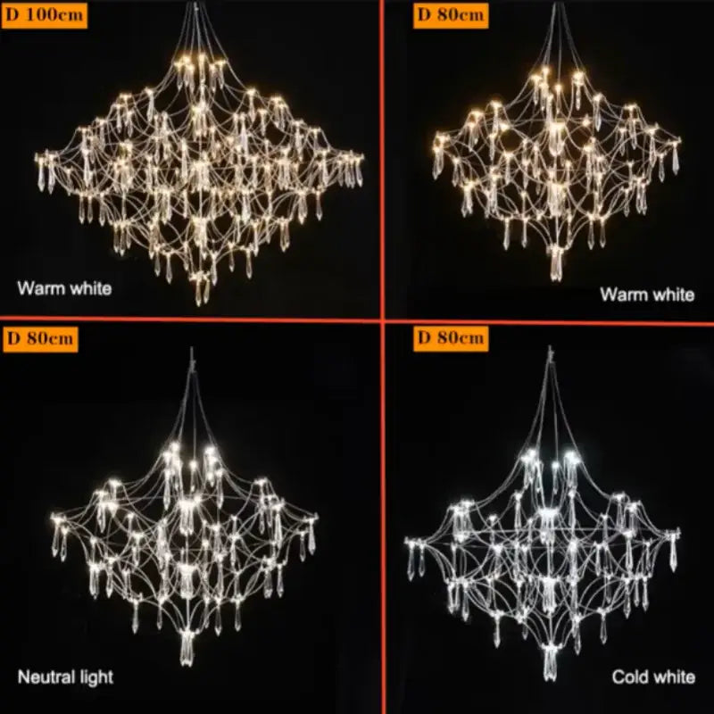 Four elegant silver and gold crystal pendant lights with intricate wireframe design as focal point in modern dining room design
