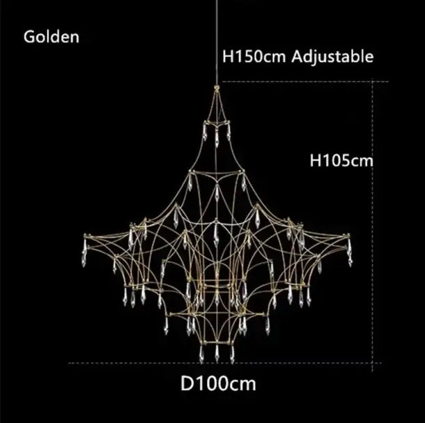 Golden pendant light with intricate metal framework and dangling crystal droplets as a modern design focal point