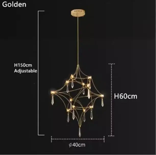 Modern gold pendant light with geometric wireframe, crystal droplets, adjustable height, perfect focal point for dining room modern design