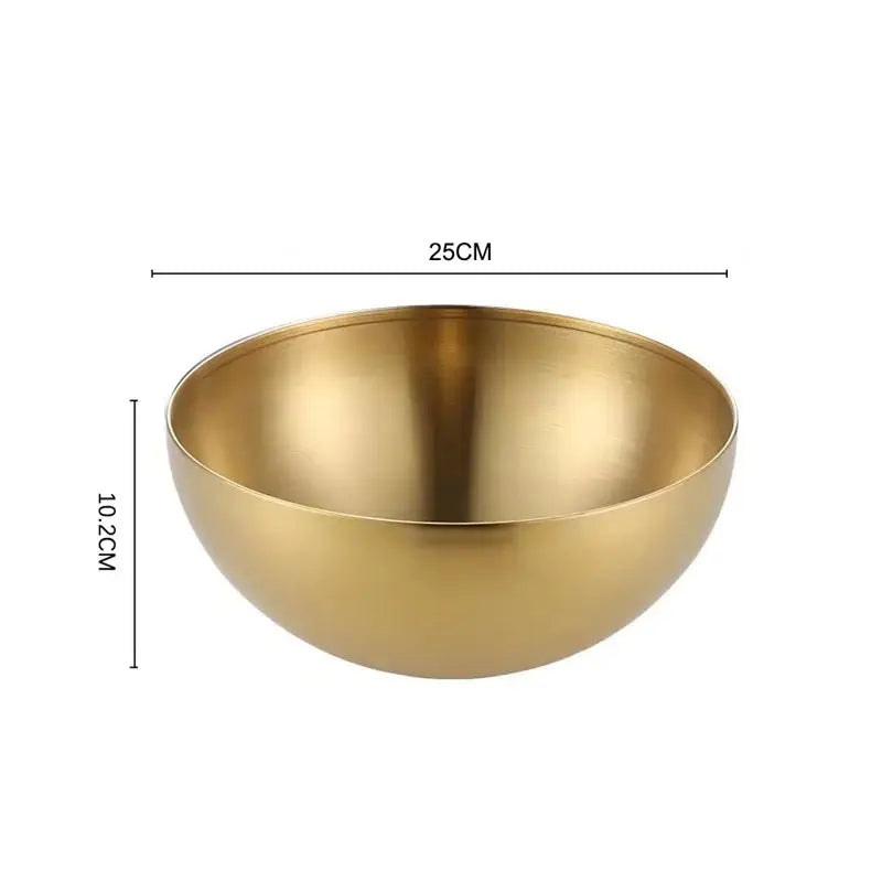 A sleek 25cm wide gold-toned metal mixing bowl with a smooth reflective surface from decorbites stainless steel set