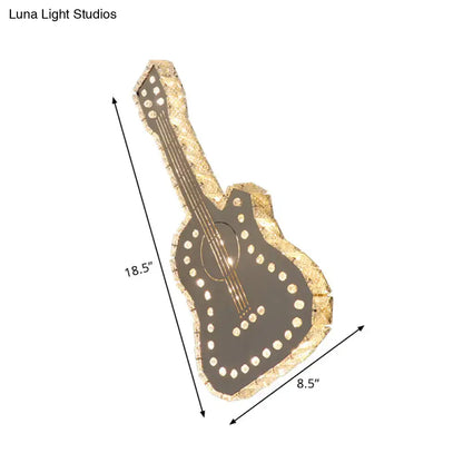 Modern silver guitar led wall lamp with clear k9 crystal and golden accents for stylish guitar bedchamber lighting