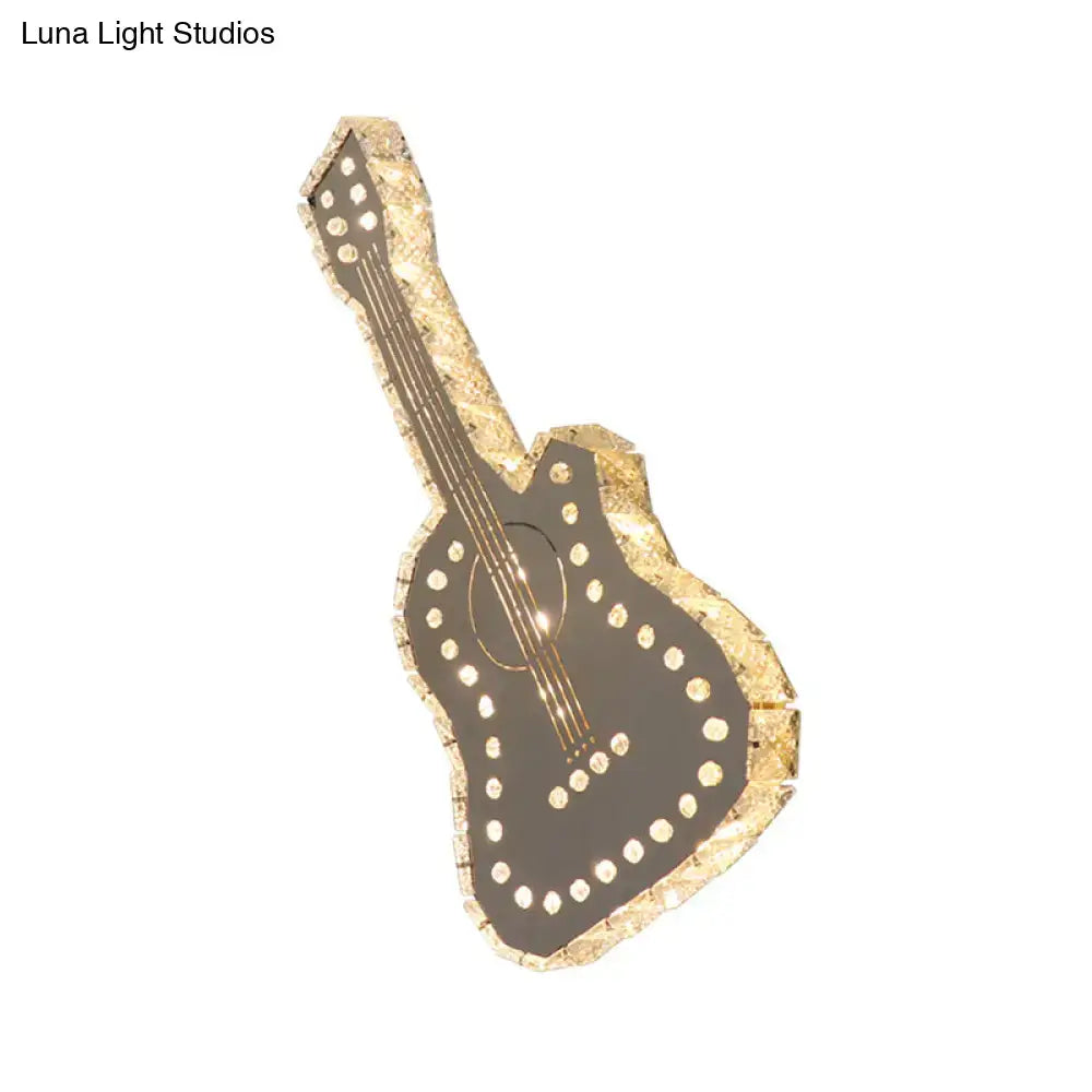 Modern silver guitar led wall lamp with clear k9 crystal dark body and gold accents for guitar bedchamber lighting