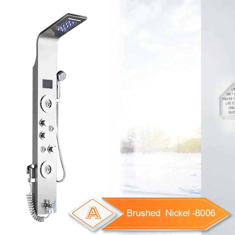 Modern silver brushed nickel shower system with rectangular rainhead, multiple controls, handheld shower, and led light