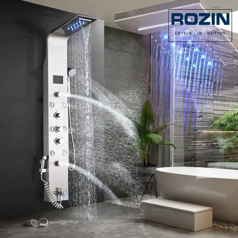 Modern silver Rozin rainfall shower system with six spray modes and blue led light for bathroom use