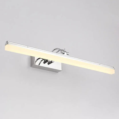 Modern silver linear led wall light with chrome finish acrylic shade emitting warm white light for bathroom use