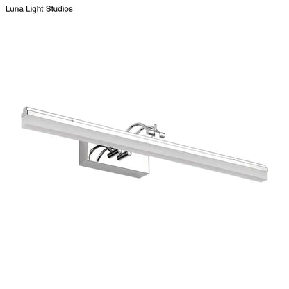 Modern silver linear LED wall light with chrome finish and acrylic shade emitting warm white light for bathroom use