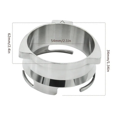 Modern silver machined stainless steel dosing funnel ring with polished finish and precise cutouts for secure fit