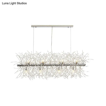 DecorBites™ modern silver metal linear island light with 12 chrome-finished bulbs and crystal accents for dining room