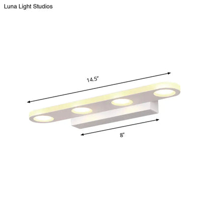 Modern silver oblong acrylic led wall light with three circular white led bulbs for bathroom vanity mirror