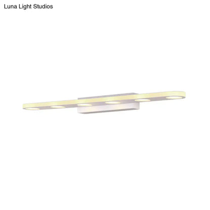 Modern silver oblong acrylic led wall light with five circular white led bulbs for bathroom vanity mirrors