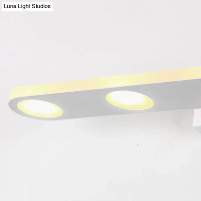 Modern silver oblong acrylic led wall light with two circular warm yellow led fixtures in sleek white and matte gray housing