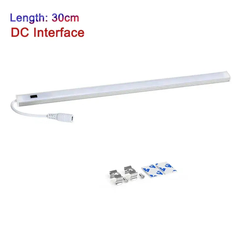 30cm long white led cabinet light with hand sweep switch dc interface and mounting hardware for kitchen use