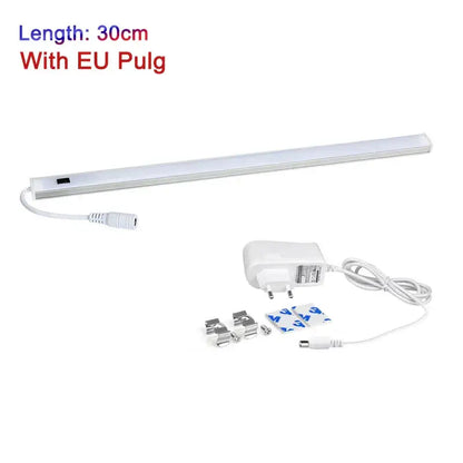 Modern silver rectangular white led cabinet light with hand sweep switch includes eu plug adapter and mounting hardware