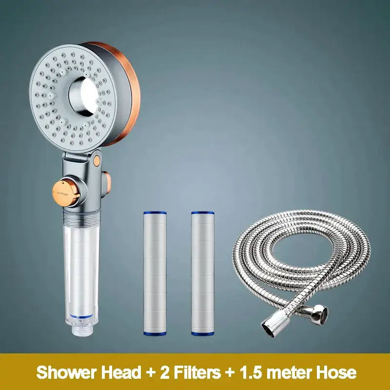 Modern silver and rose gold dual-sided shower head decorbites filter with silver and copper handheld shower head and two filters