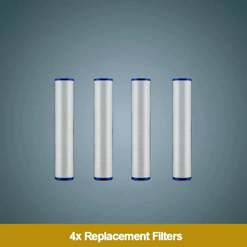 Four cylindrical white replacement water filters with blue caps for the decorbites dual-sided shower head bathroom filter