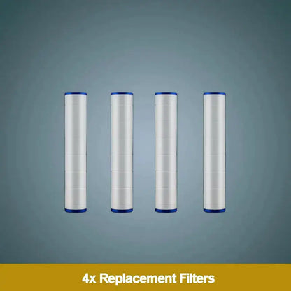 Four white cylindrical replacement filters with blue caps for decorbites dual-sided shower head bathroom filter