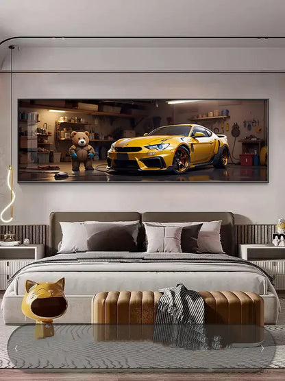Vibrant yellow sports car on a detailed garage wall mural illuminated by a modern silver led wall lamp for living room