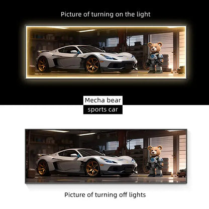 Modern silver sports car led wall lamp featuring a white car with gold rims and sleek aerodynamic design illuminated art