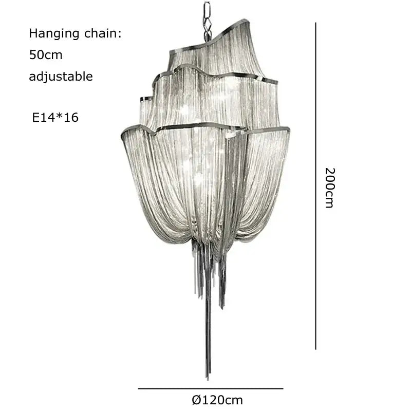 Modern silver tassel chain chandelier with cascading crystal strands and tiered curved metallic frames for dining room decorbites gold tassel alternative