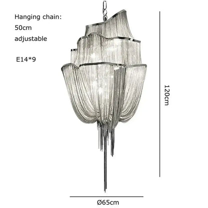 Modern silver tassel chain chandelier with cascading glass fringe and sleek metallic frame for dining room decorbites gold tassel