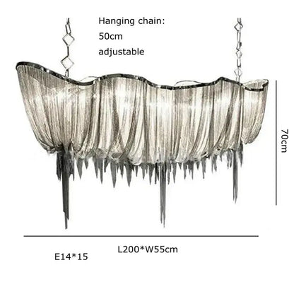 Modern silver tassel chain chandelier dining room led hanging lamp with cascading fringe and adjustable hanging chain, decorbites gold tassel alternative