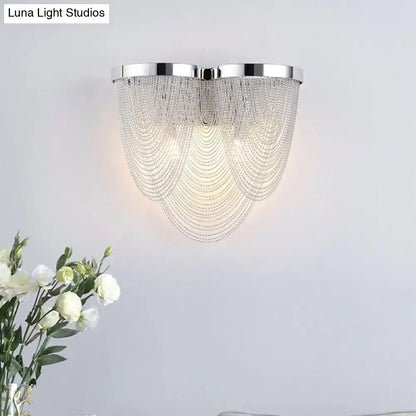 Modern silver tassel chain wall light with chrome finish and clear crystal bead fan design for sitting room sconce