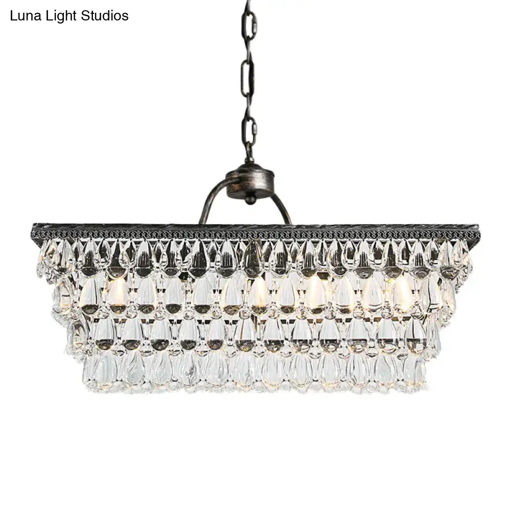 A modern silver rectangular ceiling light with dark metal frame and cascading teardrop crystal droplets 220v-240v