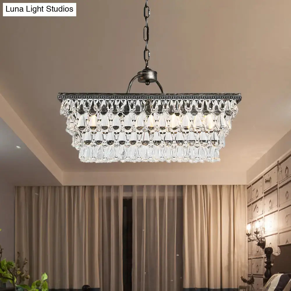 Modern silver teardrop crystal ceiling light with dark metal frame and clear faceted crystals 220v-240v for living room