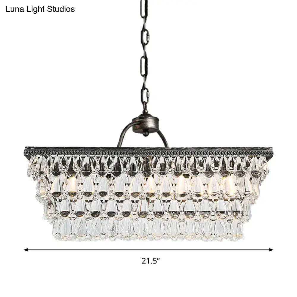 Modern silver rectangular ceiling light with dark metal frame and teardrop crystal droplets 220v-240v for living room