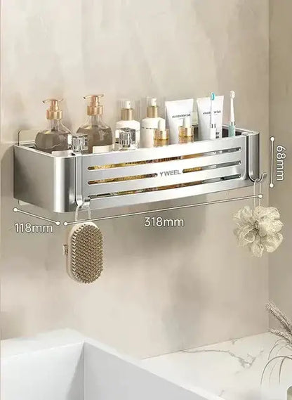 Modern silver metallic two tier corner shelf organizer with horizontal slats and hooks for decorbites corner shelf use