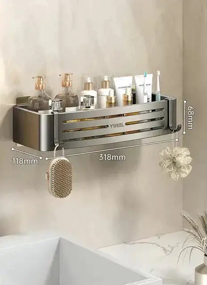 Modern silver two tier corner shelf organizer with slatted metal design and integrated hooks for decorbites corner shelf use