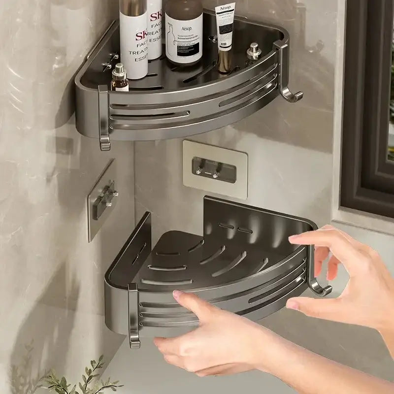 Modern silver two tier corner shelf organizer in stainless steel with integrated hooks for decorbites corner shelf use