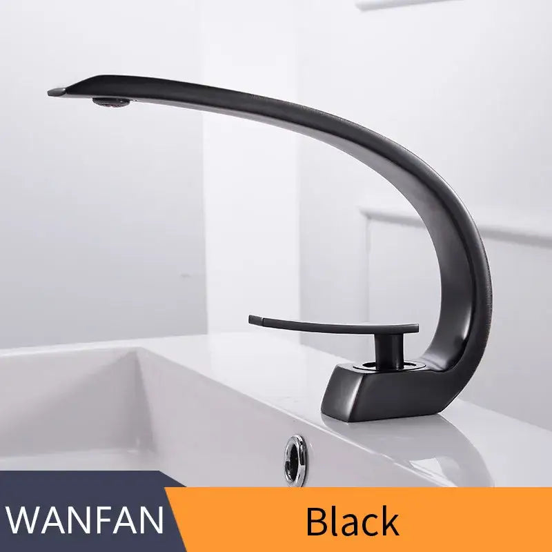 Modern silver waterfall basin faucet with black matte finish and sleek curved design for decorbites basin faucet use