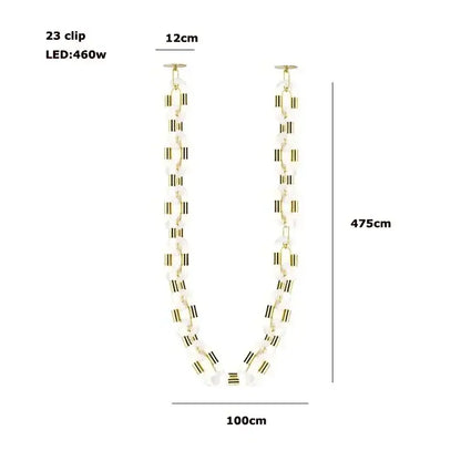 Modern silver and white crystal gold chain chandelier features a 475cm led garland with translucent white and gold beads