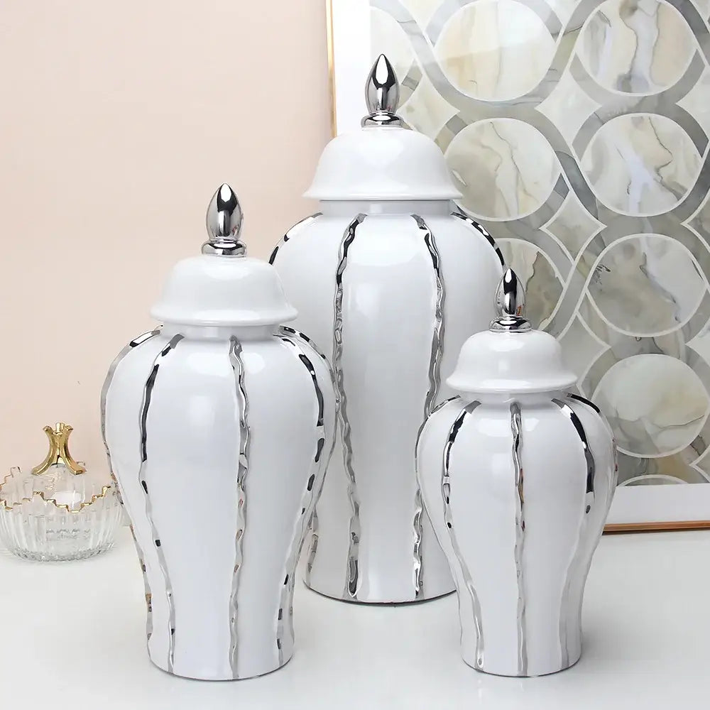 Modern silver and white striped porcelain ginger pot vase set of three with matching lids for living room decor