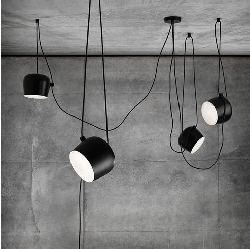 Modern simple aluminum snare chandelier featuring a black matte industrial pendant light with white interior and minimalist design