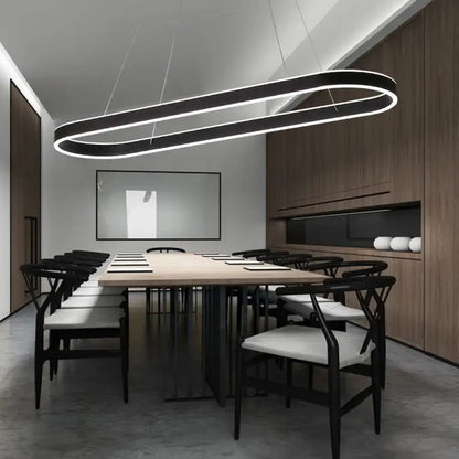 Modern simplicity ellipse led island pendant ceiling light with black and white double-ring design above conference table