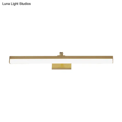 Modern sleek brass finish led wall light fixture with gold finish and frosted glass diffuser for bathroom vanity