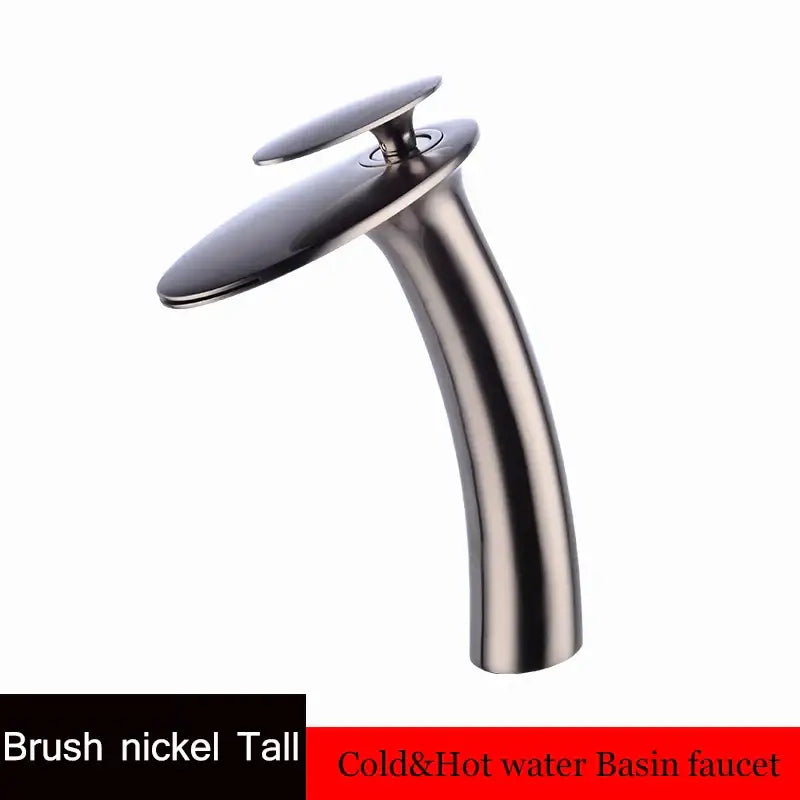 Brush nickel tall basin faucet with sleek modern design and two flat disc handles ideal for waterfall basin faucet decor