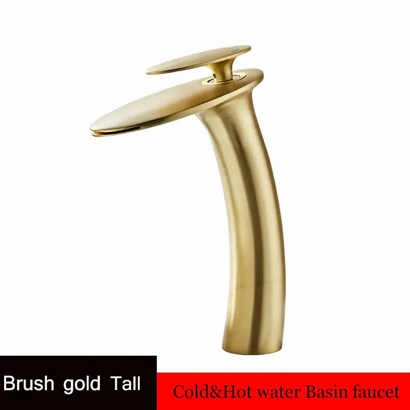Brush gold waterfall basin faucet with sleek modern design and curved spout for elegant bathroom decor